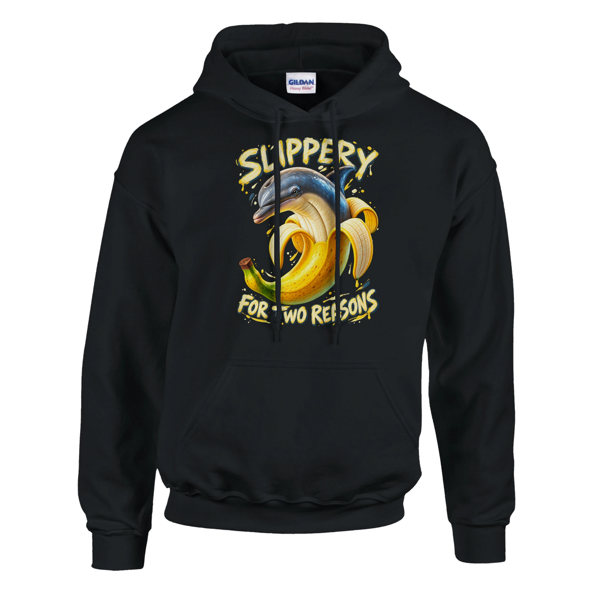 Bananita Dolphinita print on a black pullover hoodie, front view