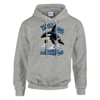 Orcalero Orcala print on an ash grey pullover hoodie, front view