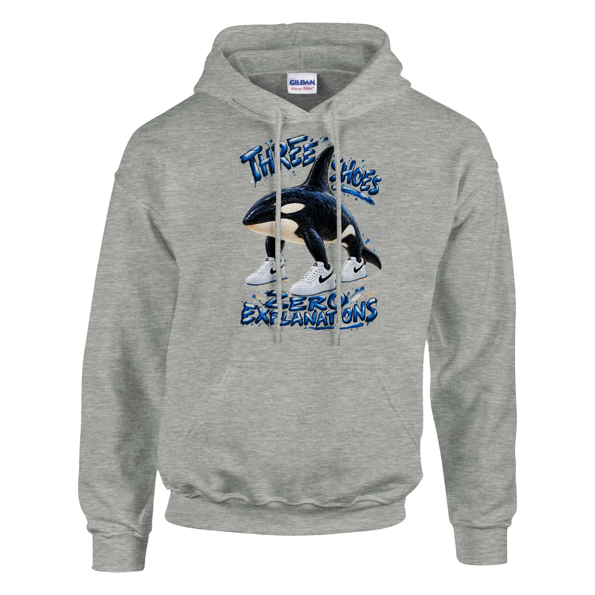 Orcalero Orcala print on an ash grey pullover hoodie, front view