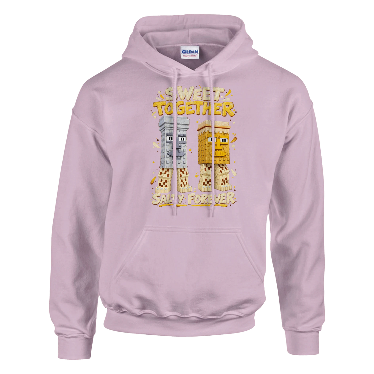 Garama and Madundung print on a light pink pullover hoodie, front view