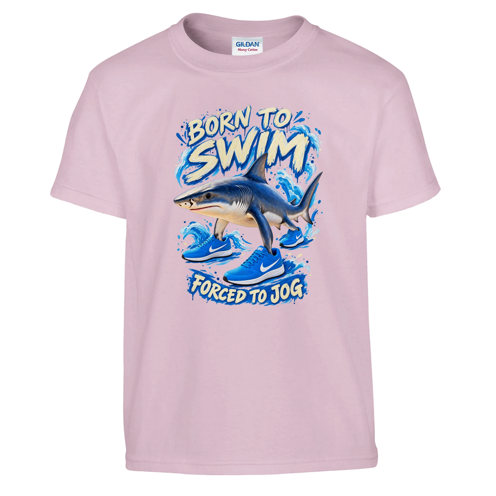 Tralalero Tralala print on a light pink kids t-shirt, front view