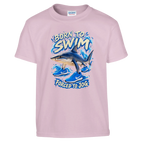 Tralalero Tralala print on a light pink kids t-shirt, front view