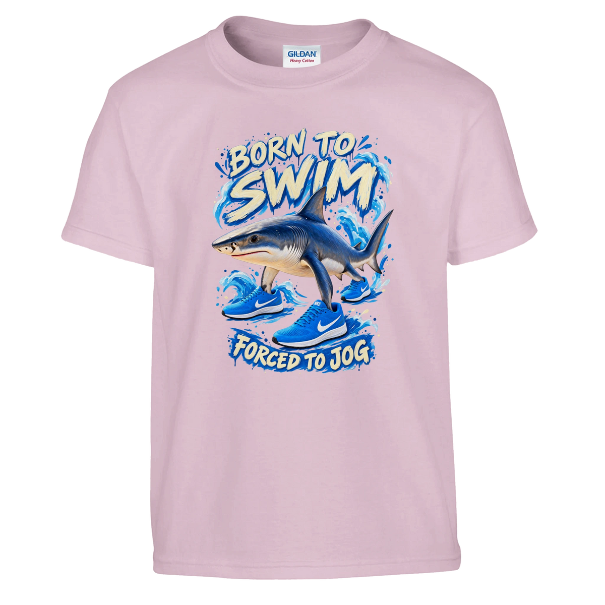 Tralalero Tralala print on a light pink kids t-shirt, front view
