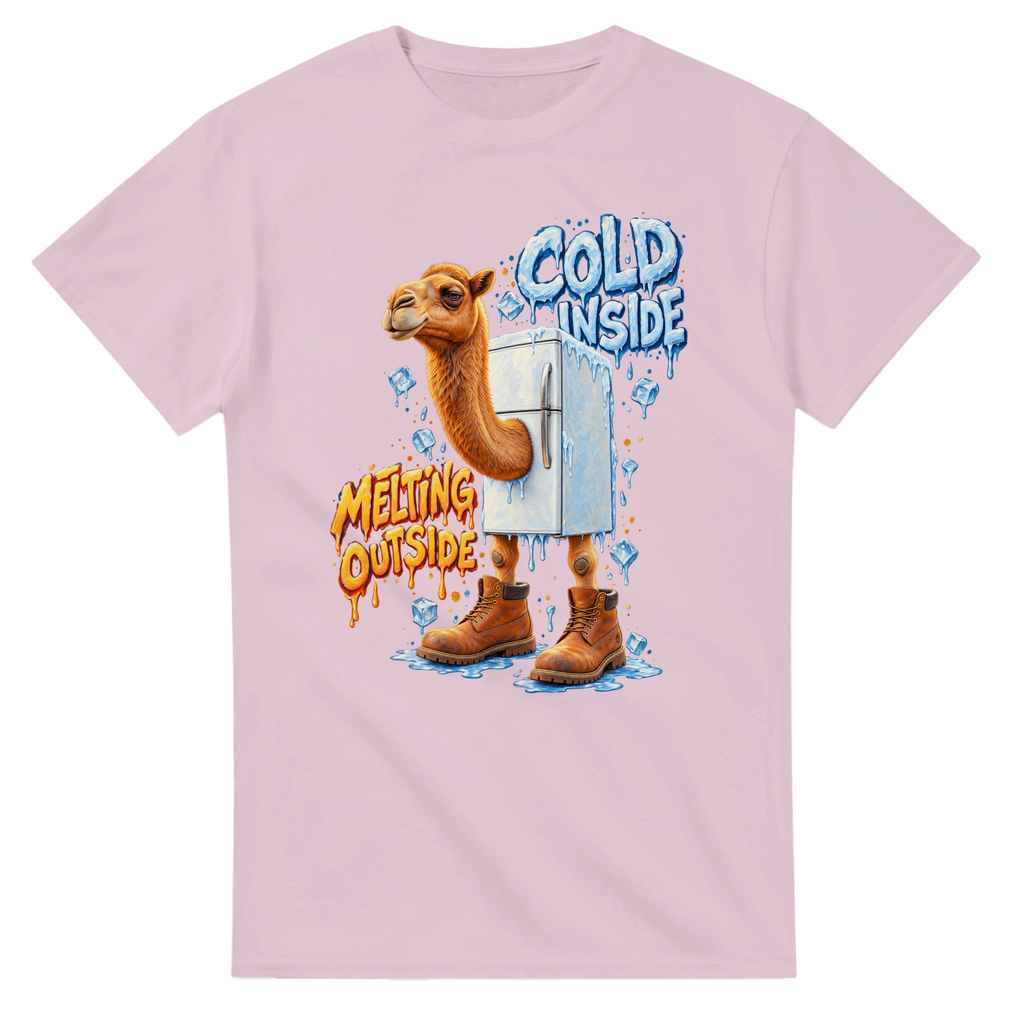 Light Pink t-shirt printed with Frigo Camelo and the words Cold inside, melting outside, front view