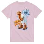 Light Pink t-shirt printed with Frigo Camelo and the words Cold inside, melting outside, front view