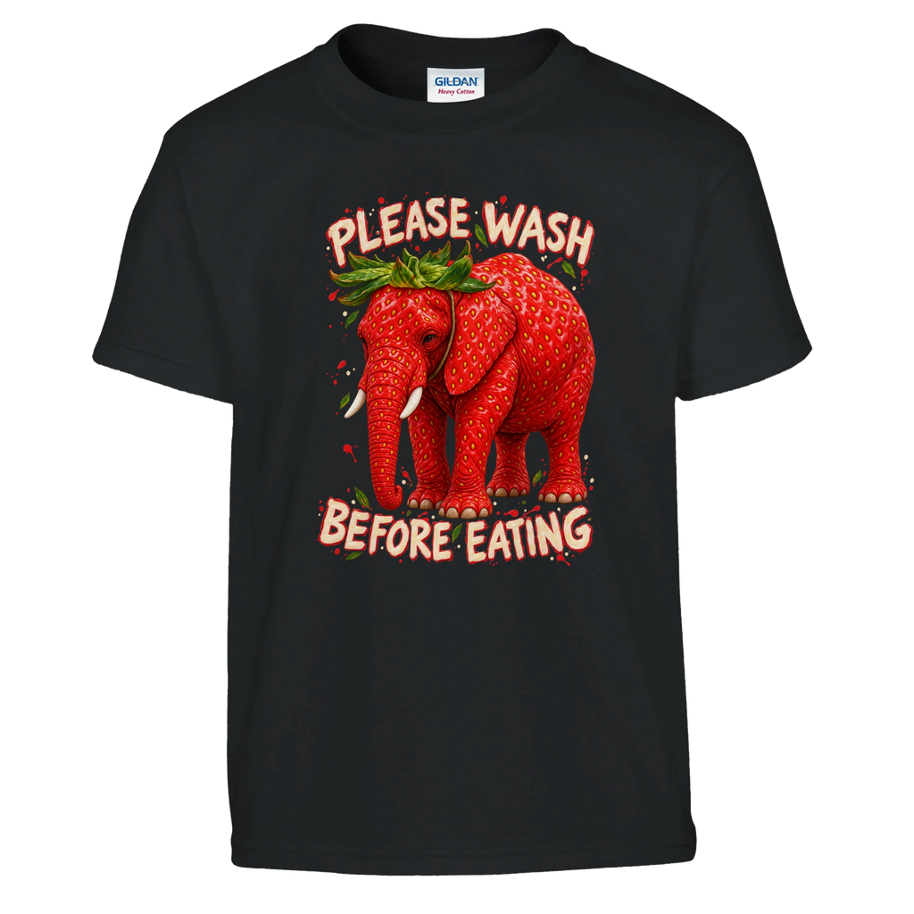 Strawberry Elephant print on a black kids t-shirt, front view