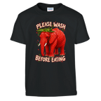Strawberry Elephant print on a black kids t-shirt, front view