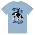 Light Blue t-shirt printed with Orcalero Orcala and the words Three shoes, zero explanations, front view