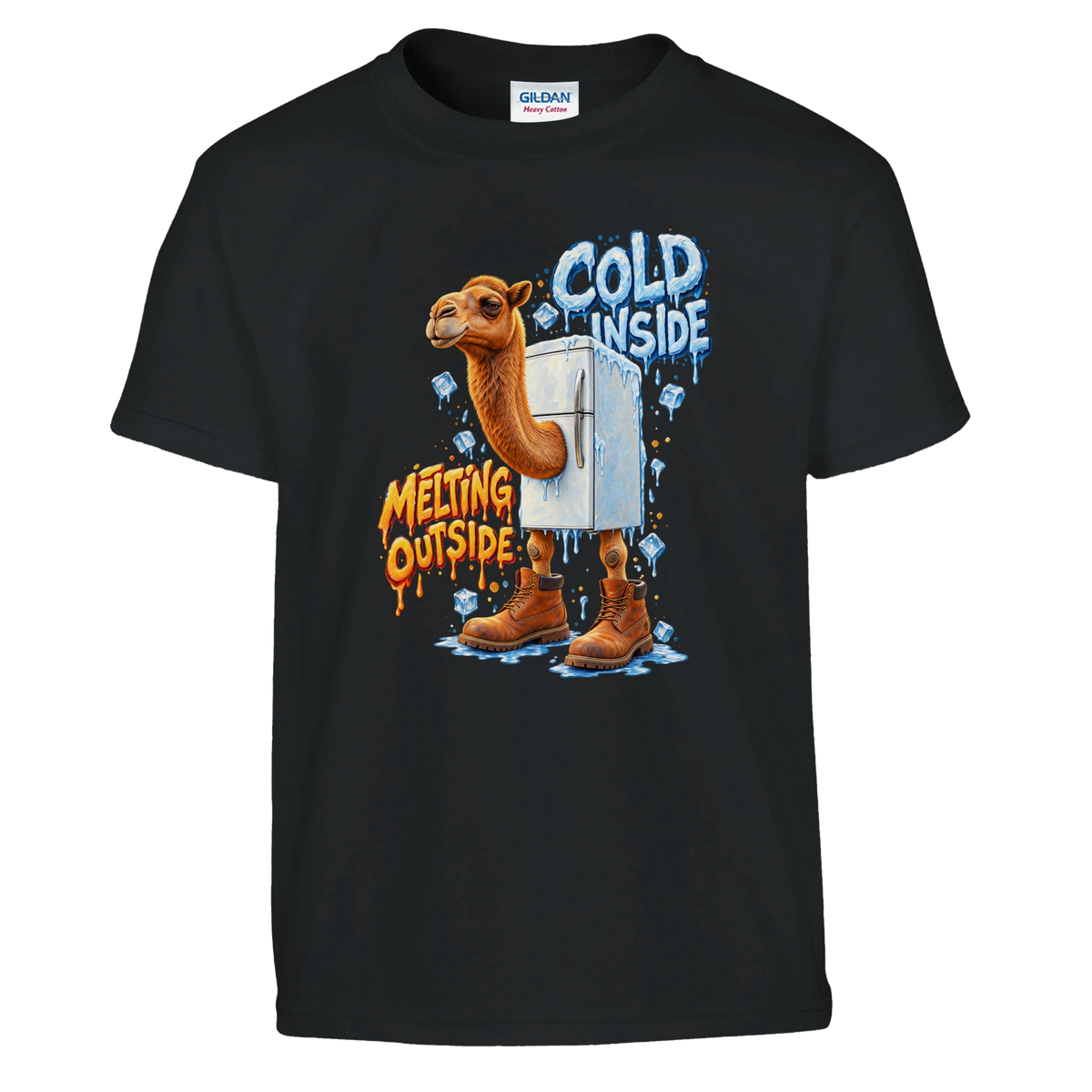 Frigo Camelo print on a black kids t-shirt, front view
