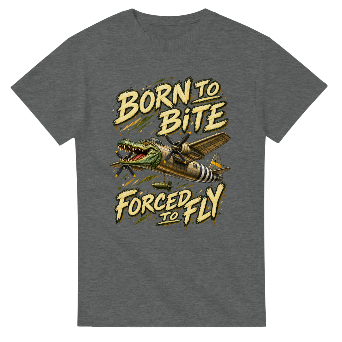 Graphite Heather t-shirt printed with Bombardino Crocodilo and the words Born to bite, forced to fly, front view