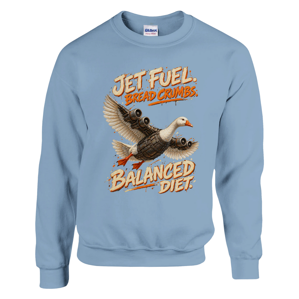 Bombombini Gusini print on a light blue crewneck sweatshirt, front view
