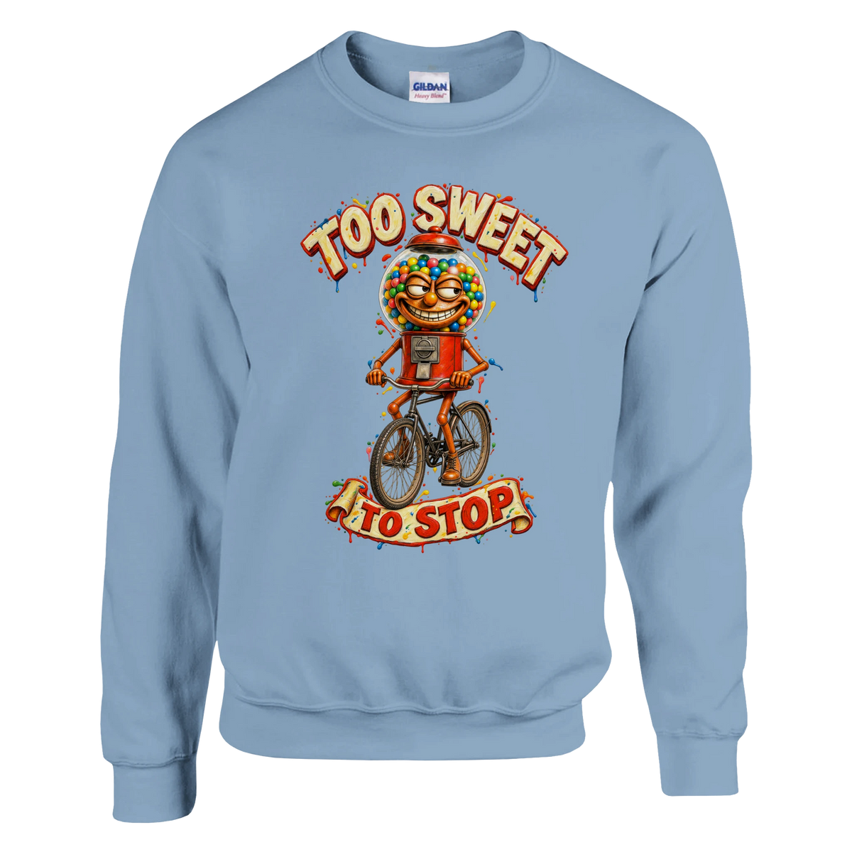 Chicleteira Bicicleteira print on a light blue crewneck sweatshirt, front view