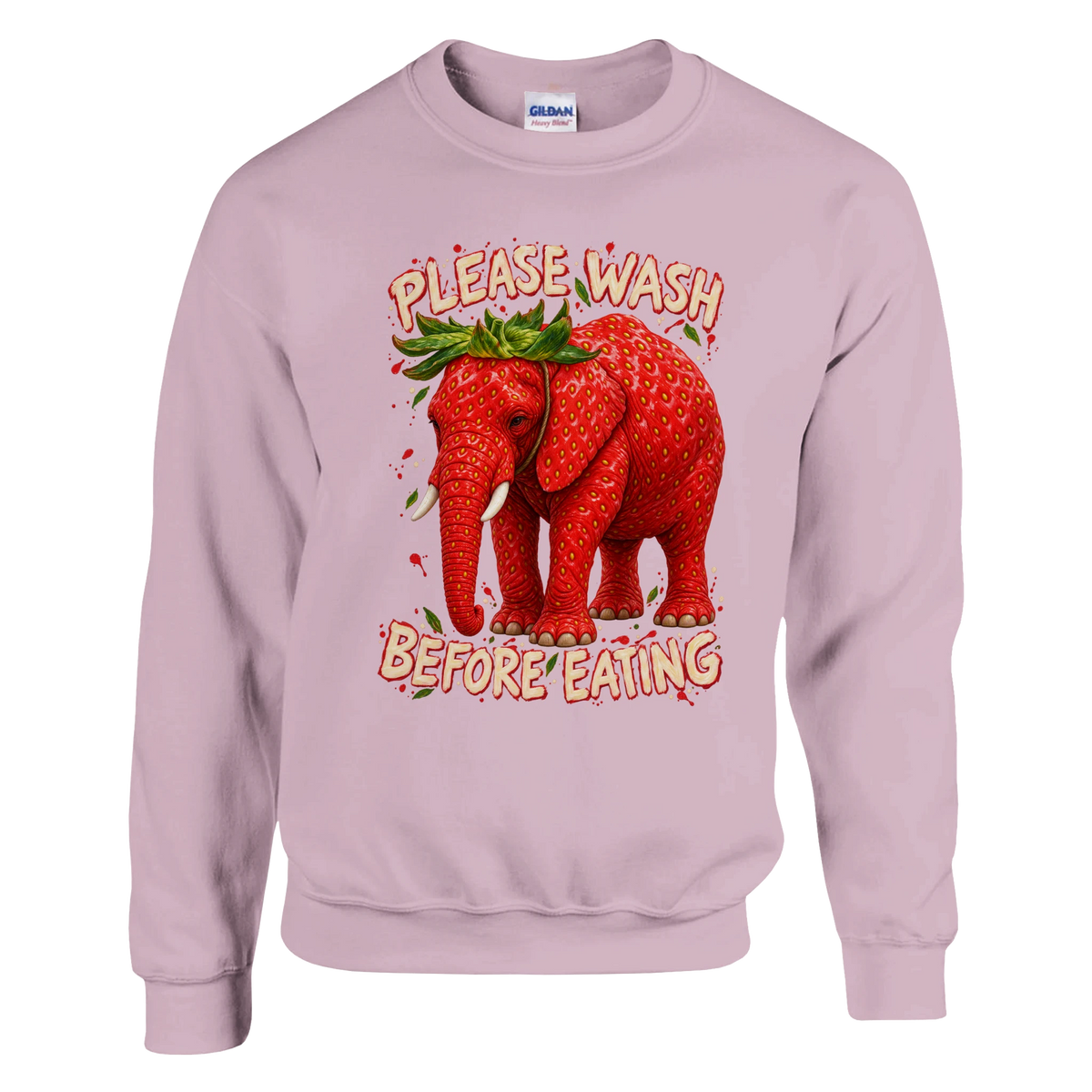 Strawberry Elephant print on a light pink crewneck sweatshirt, front view