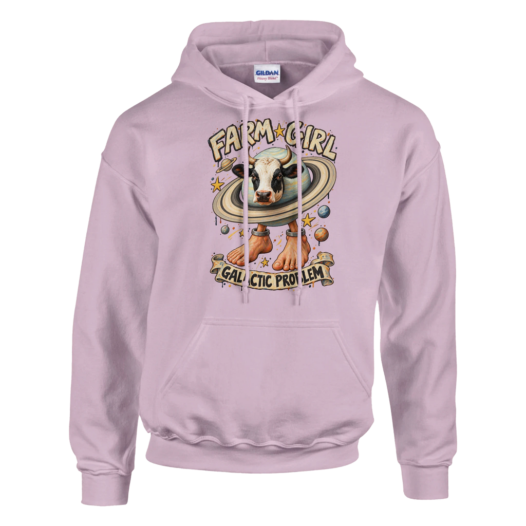La Vaca Saturno Saturnita print on a light pink pullover hoodie, front view