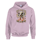 La Vaca Saturno Saturnita print on a light pink pullover hoodie, front view