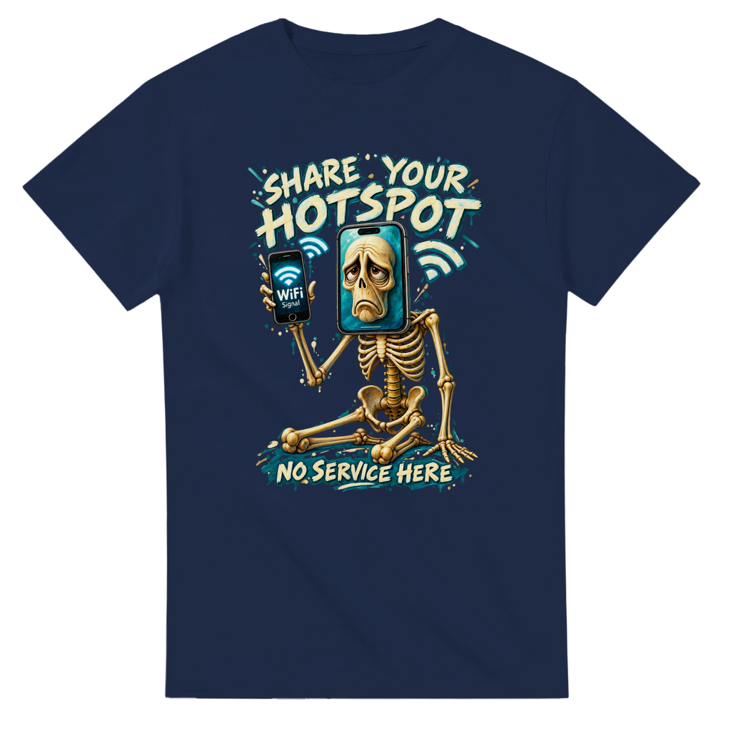 Navy t-shirt printed with Pot Hotspot and the words Share your hotspot, no service here, front view