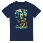 Navy t-shirt printed with Pot Hotspot and the words Share your hotspot, no service here, front view