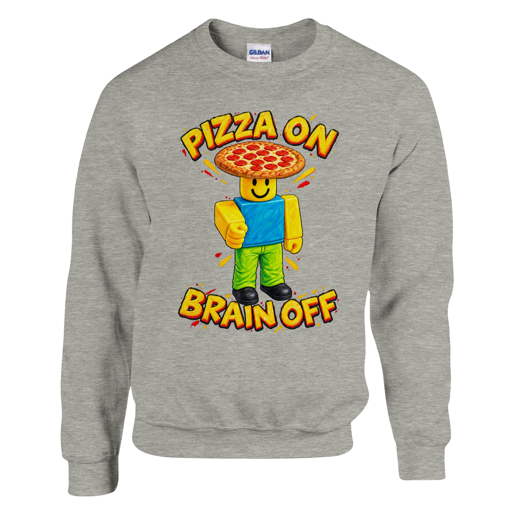 Noobini Pizzanini print on an ash grey crewneck sweatshirt, front view