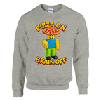 Noobini Pizzanini print on an ash grey crewneck sweatshirt, front view