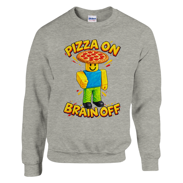 Noobini Pizzanini print on an ash grey crewneck sweatshirt, front view