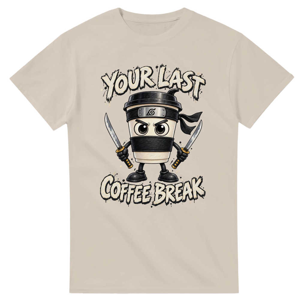 Sand t-shirt printed with Cappuccino Assassino and the words Your last coffee break, front view