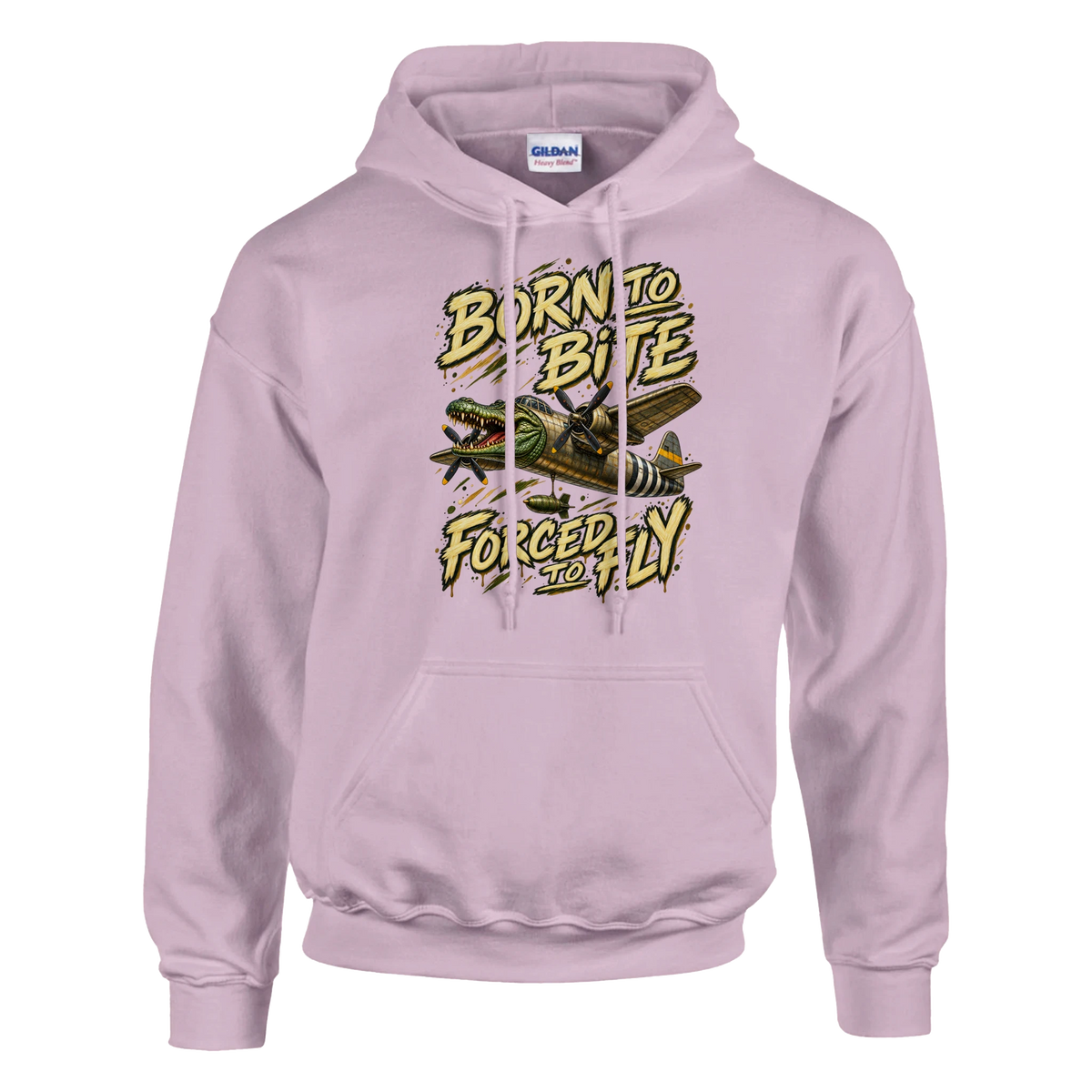Bombardino Crocodilo print on a light pink pullover hoodie, front view