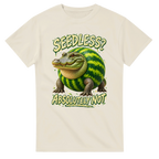 Natural t-shirt printed with Glorbo Fruttodrillo and the words Seedless? Absolutely not, front view