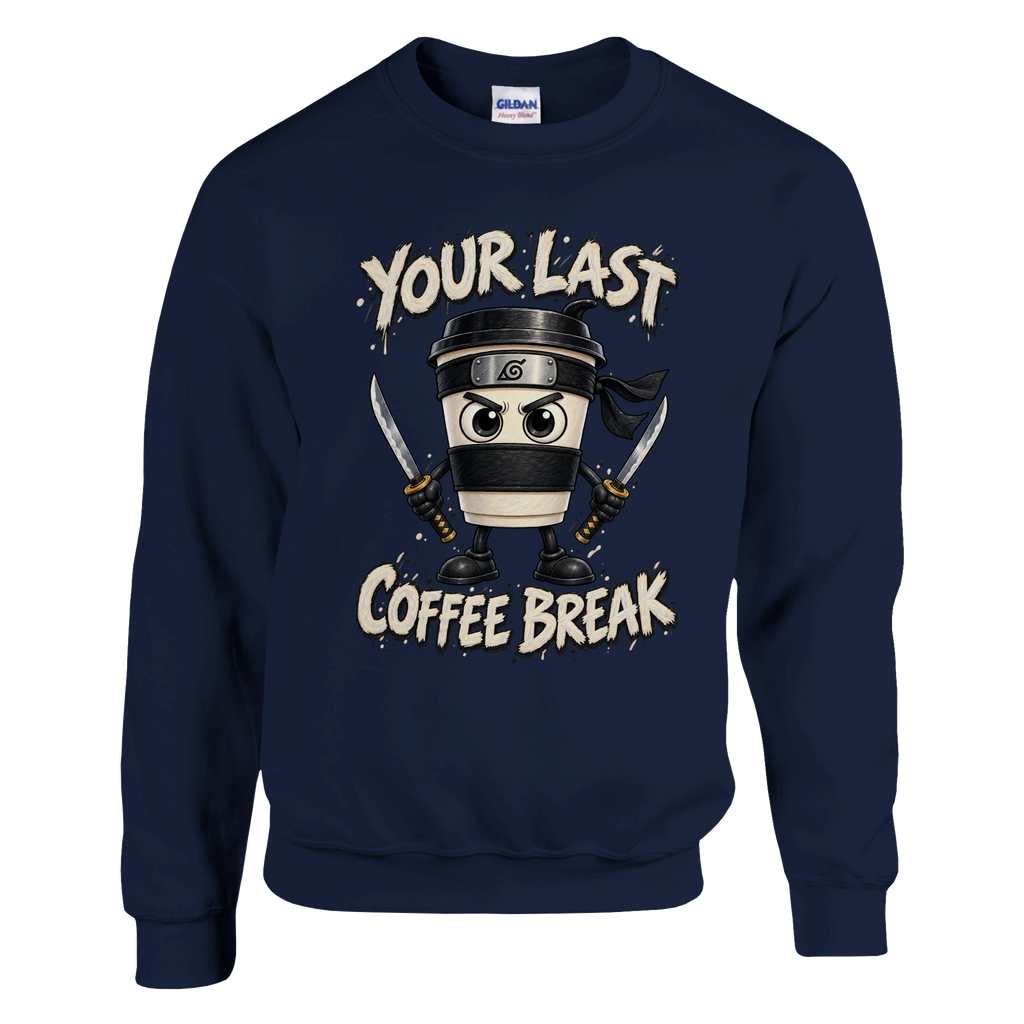 Cappuccino Assassino print on a navy crewneck sweatshirt, front view