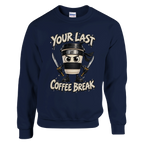 Cappuccino Assassino print on a navy crewneck sweatshirt, front view