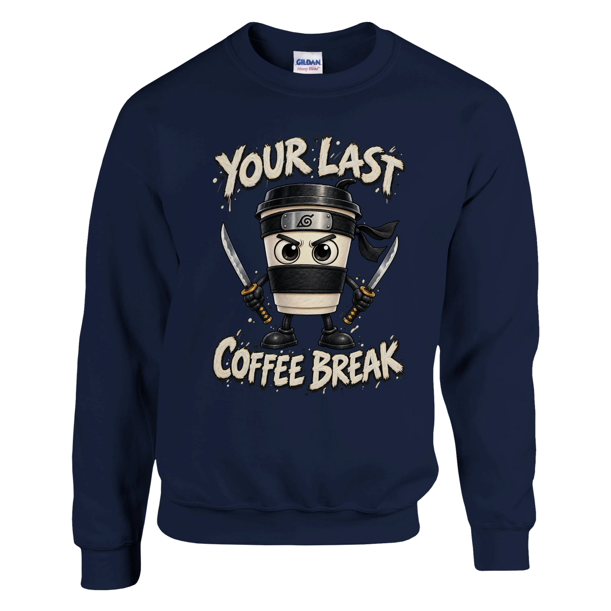 Cappuccino Assassino print on a navy crewneck sweatshirt, front view