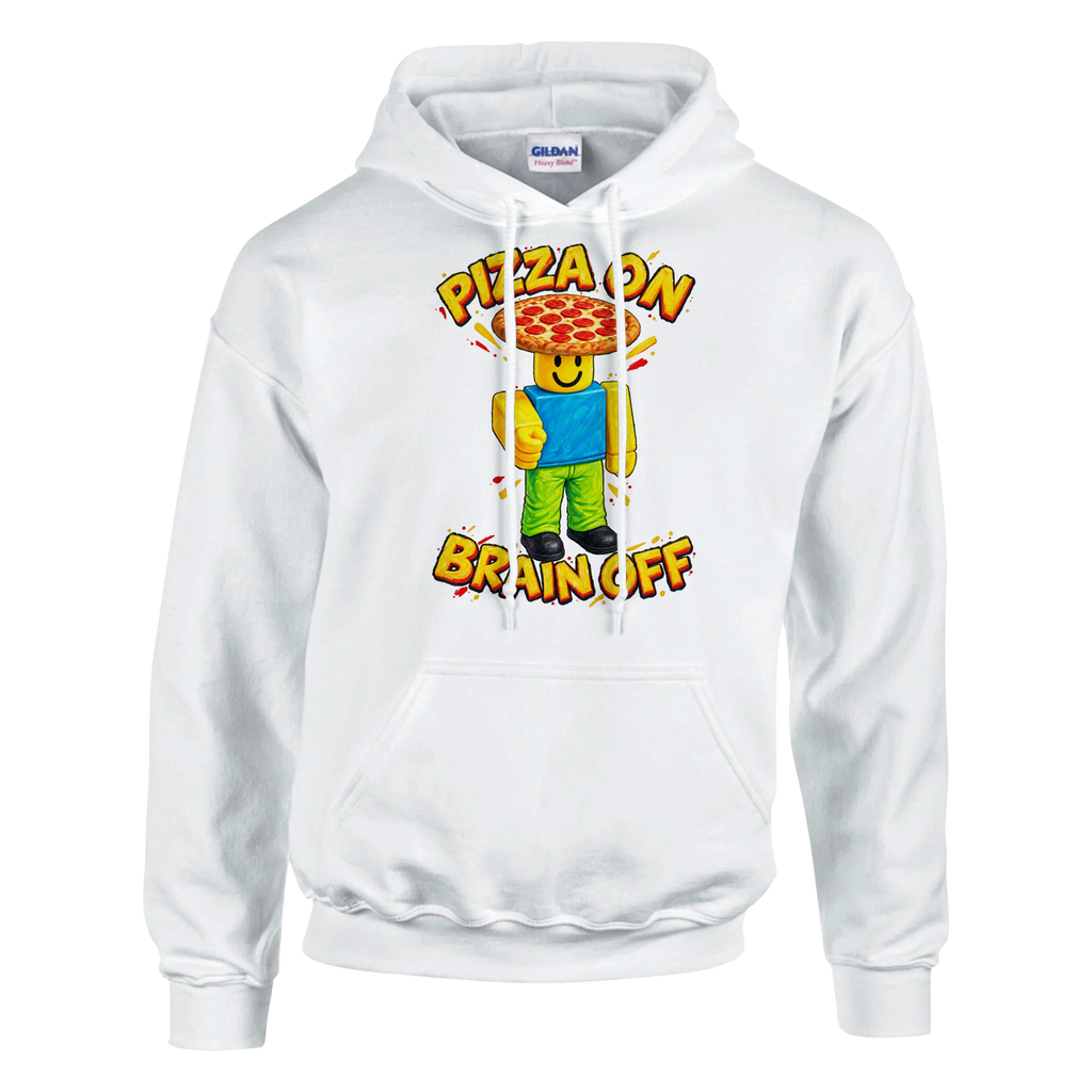 Noobini Pizzanini print on a white pullover hoodie, front view