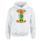 Noobini Pizzanini print on a white pullover hoodie, front view