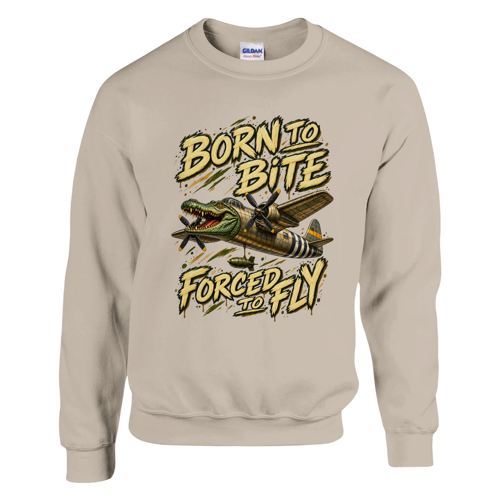 Bombardino Crocodilo print on a sand crewneck sweatshirt, front view
