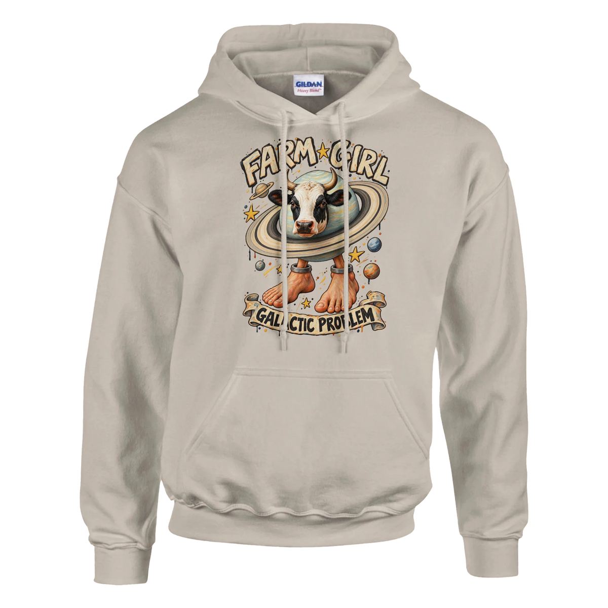 La Vaca Saturno Saturnita print on a sand pullover hoodie, front view
