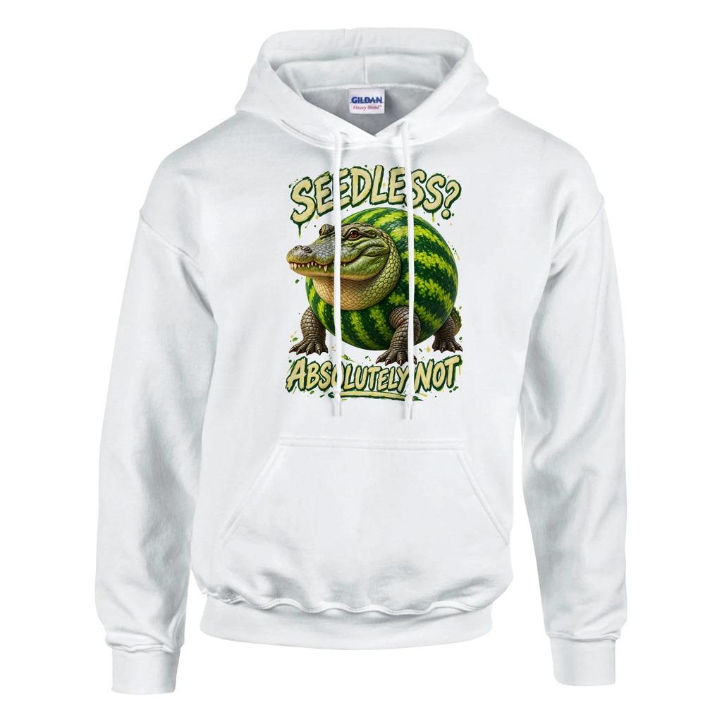 Glorbo Fruttodrillo print on a white pullover hoodie, front view