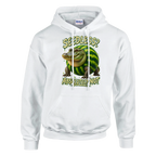 Glorbo Fruttodrillo print on a white pullover hoodie, front view