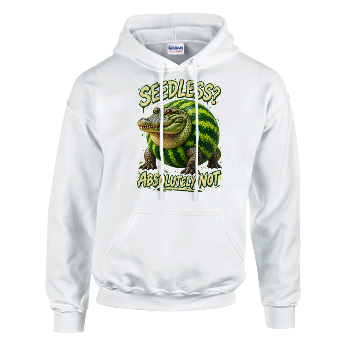 Glorbo Fruttodrillo print on a white pullover hoodie, front view