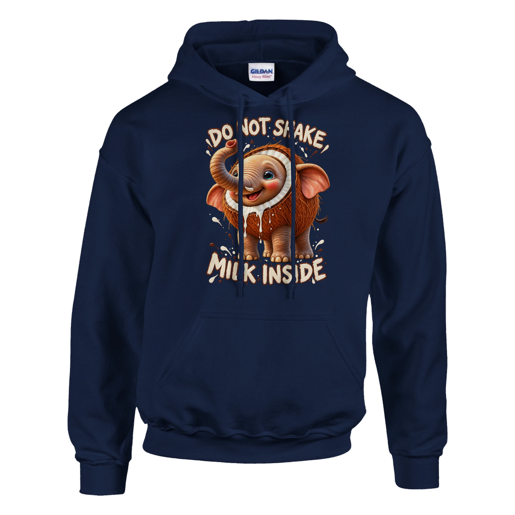 Cocofanto Elefanto print on a navy pullover hoodie, front view