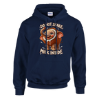 Cocofanto Elefanto print on a navy pullover hoodie, front view