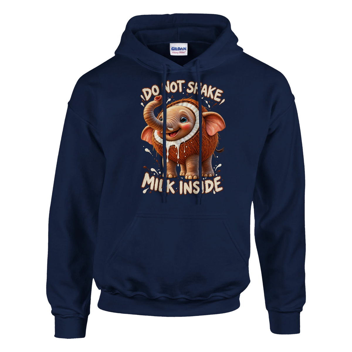 Cocofanto Elefanto print on a navy pullover hoodie, front view