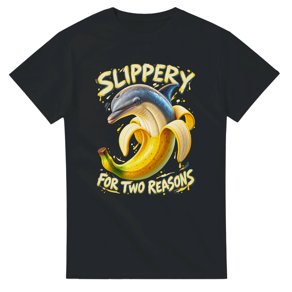 Black t-shirt printed with Bananita Dolphinita and the words Slippery, for two reasons, front view