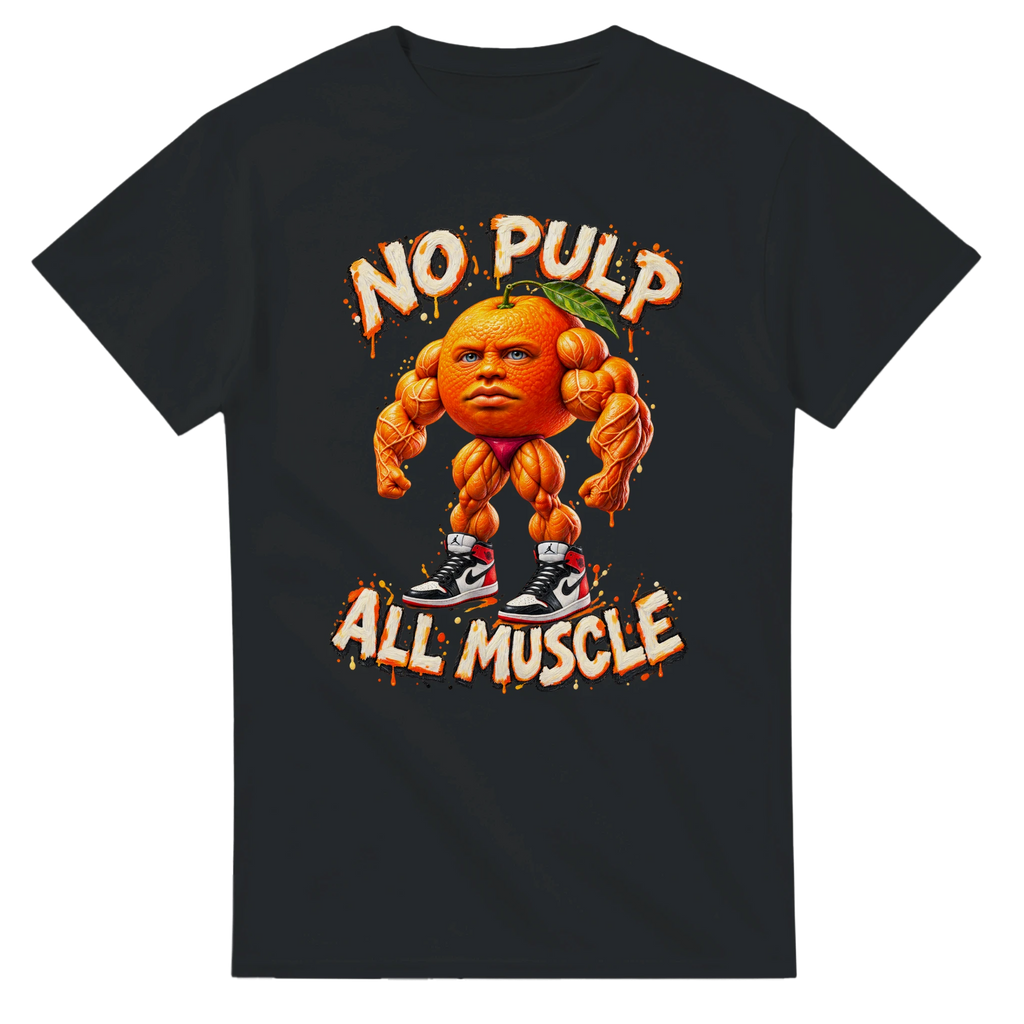 Black t-shirt printed with Odin Din Din Dun and the words No pulp, all muscle, front view
