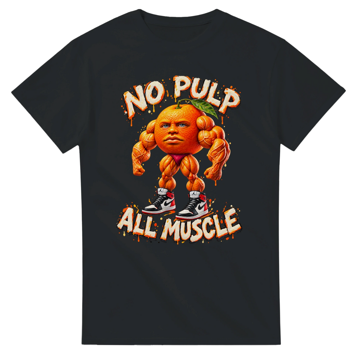 Black t-shirt printed with Odin Din Din Dun and the words No pulp, all muscle, front view