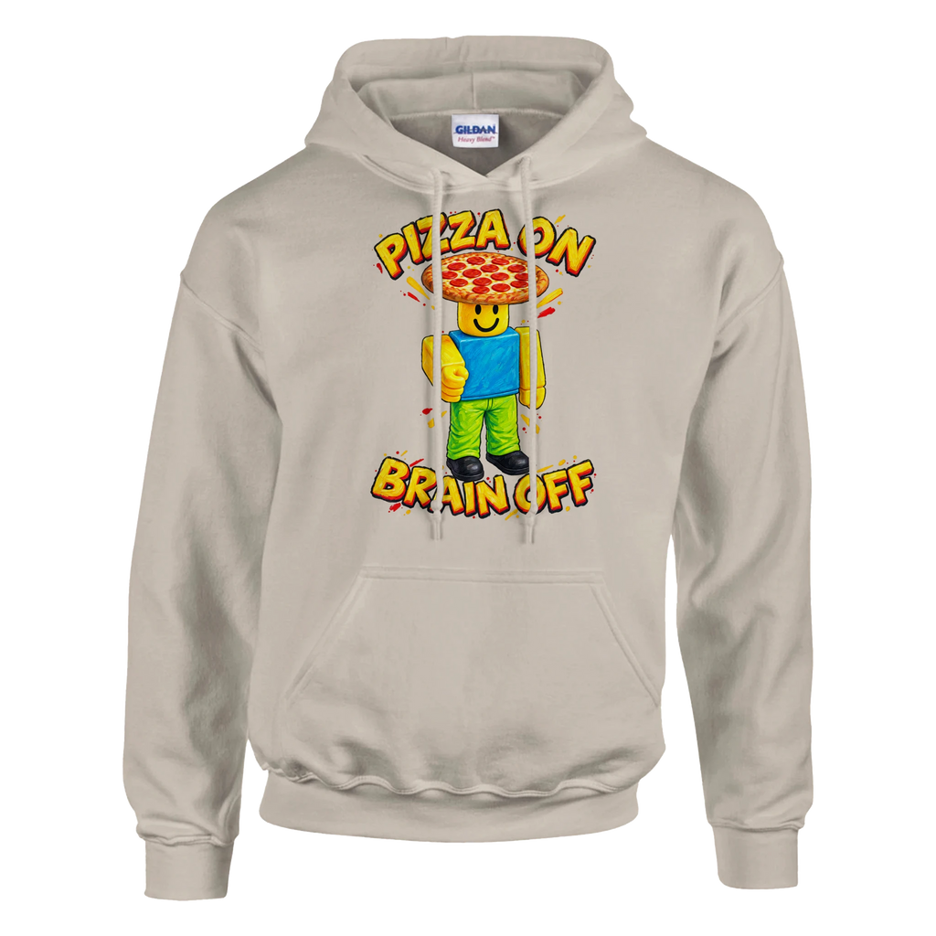 Noobini Pizzanini print on a sand pullover hoodie, front view