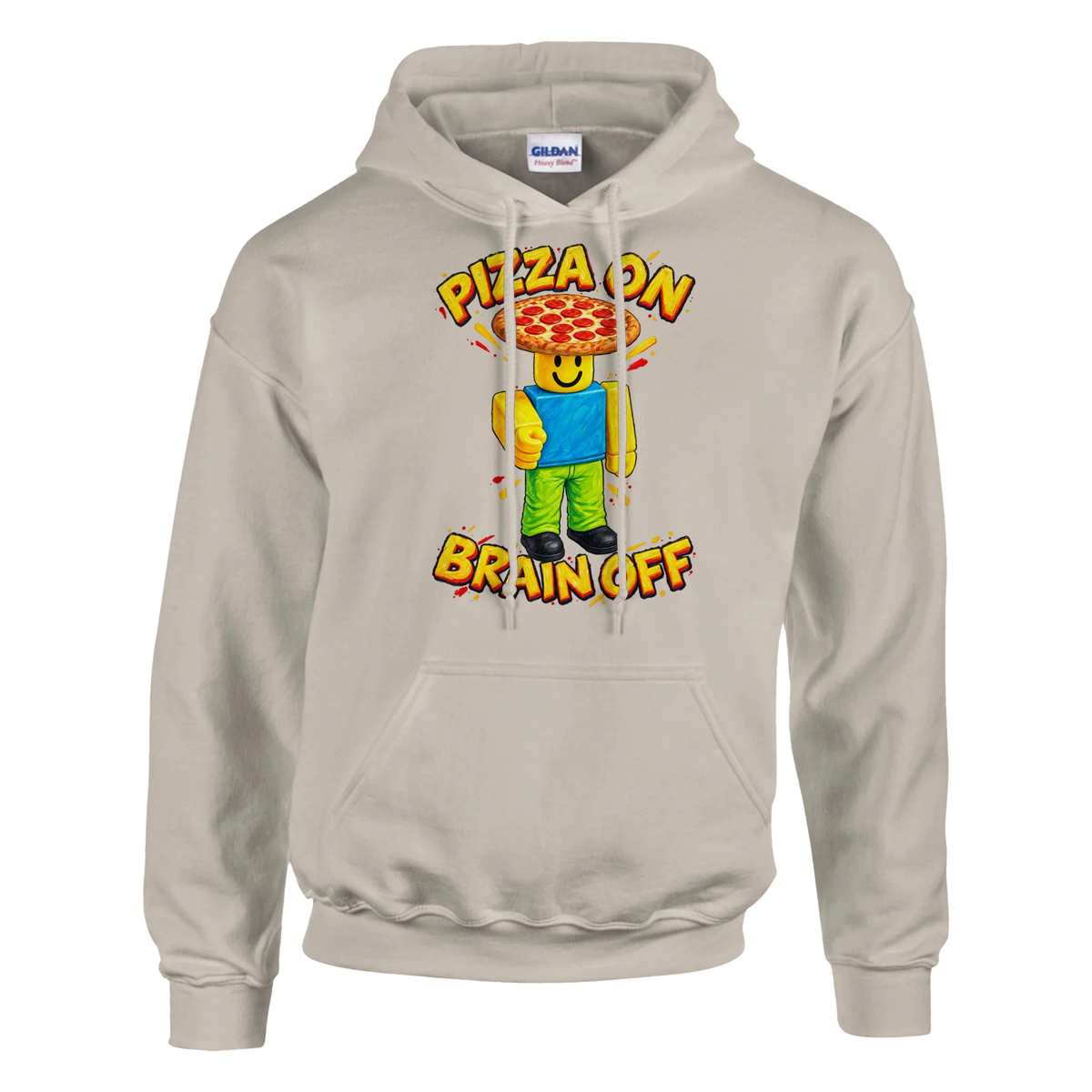 Noobini Pizzanini print on a sand pullover hoodie, front view