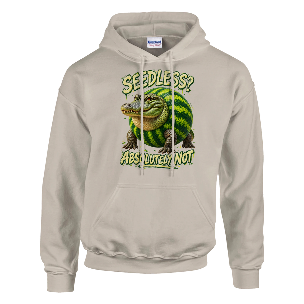 Glorbo Fruttodrillo print on a sand pullover hoodie, front view