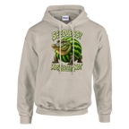 Glorbo Fruttodrillo print on a sand pullover hoodie, front view