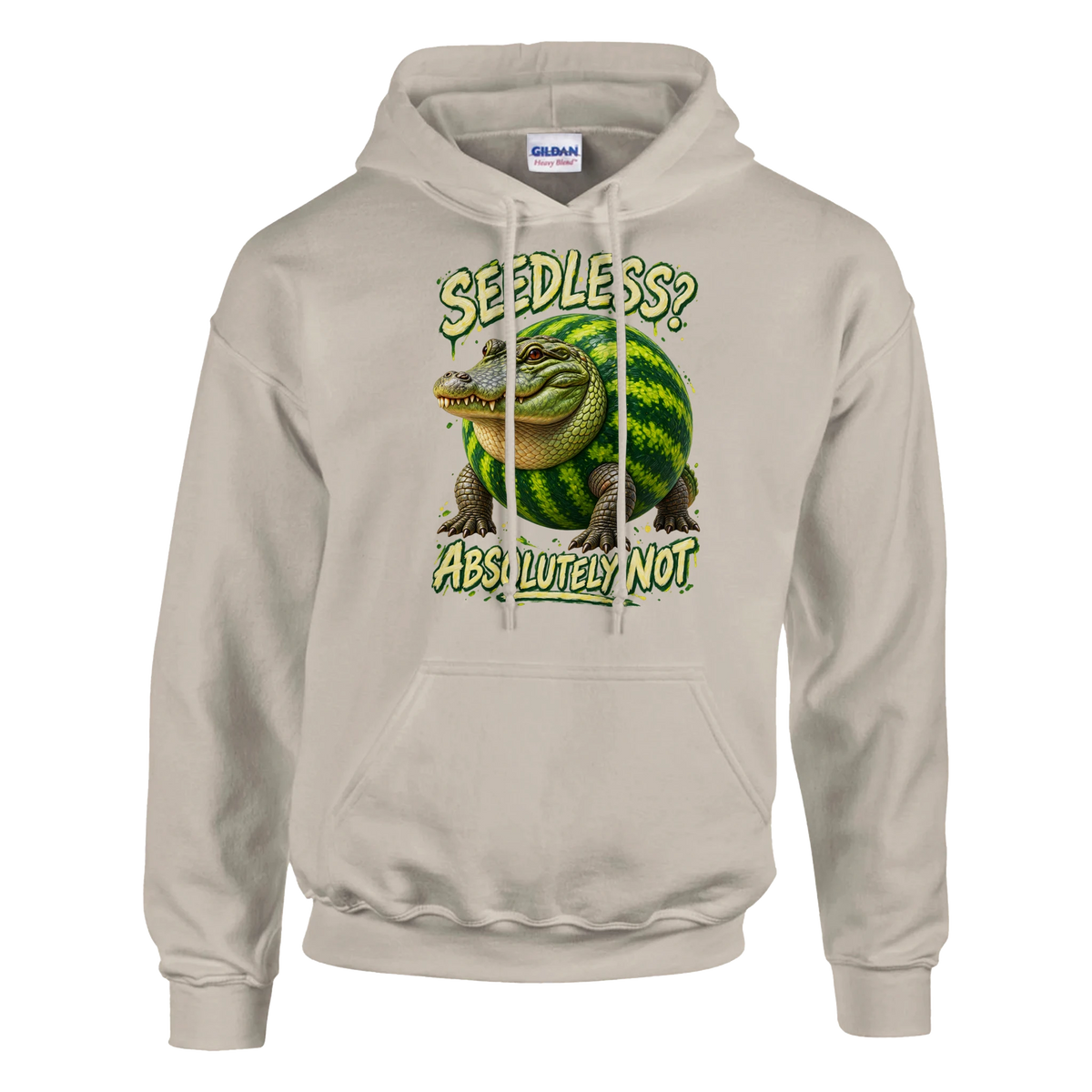 Glorbo Fruttodrillo print on a sand pullover hoodie, front view
