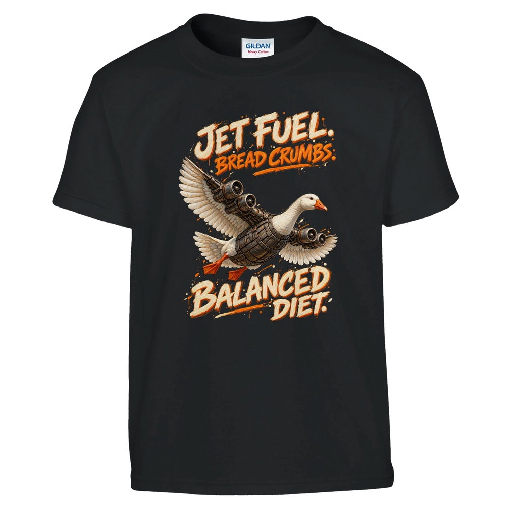 Bombombini Gusini print on a black kids t-shirt, front view