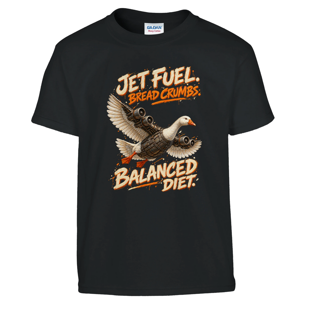Bombombini Gusini print on a black kids t-shirt, front view